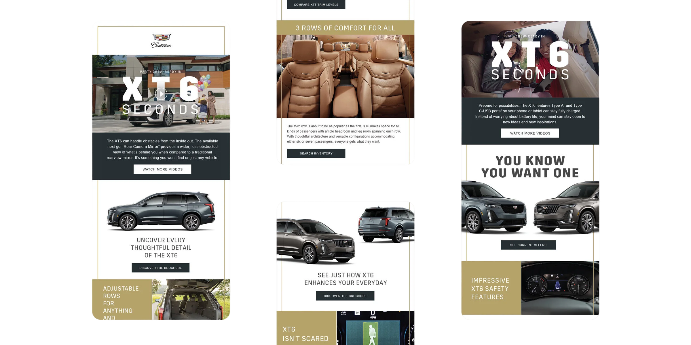 CRM email executions for the Cadillac XT6 campaign showing multiple mobile email layouts extending the six-second film concept.